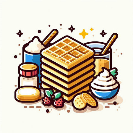 Illustration of a stack of waffles, honey, ice cream and cookiesのイラスト素材