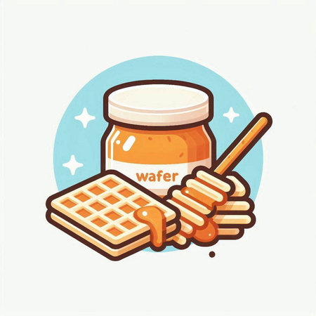 Jar of honey and waffles. Vector illustration in flat style.のイラスト素材