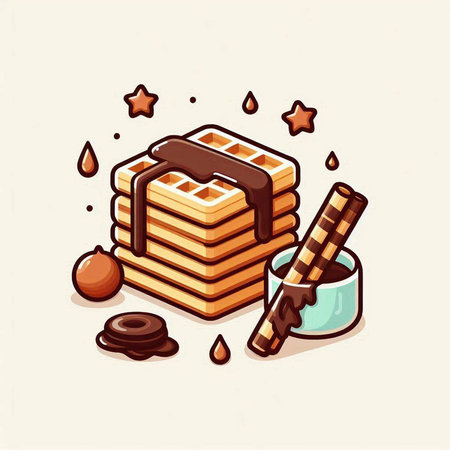 Vector illustration of a stack of waffles with chocolate and coffee.のイラスト素材