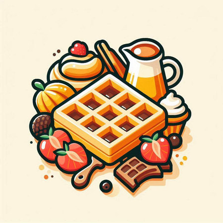 Belgian waffles with berries, fruits and milk. Vector illustration.のイラスト素材