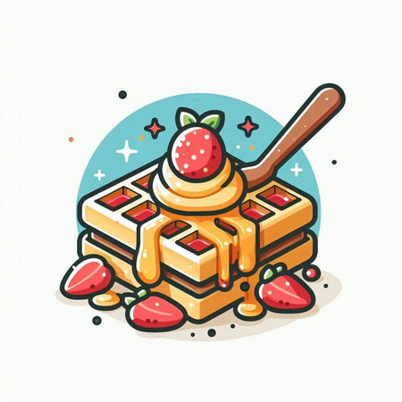 Belgian waffles with strawberry and honey. Vector illustration of sweet dessert.のイラスト素材
