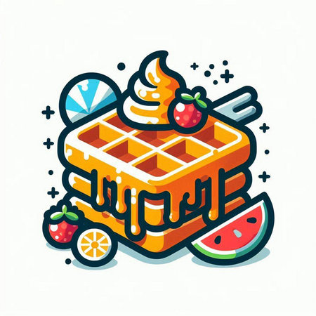 Belgian waffle with ice cream, fruit and berries. Vector illustration.のイラスト素材