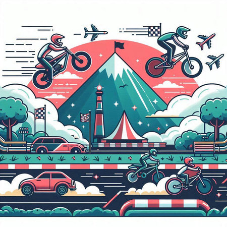 Vector illustration in flat line style with elements of extreme sports and travel.のイラスト素材