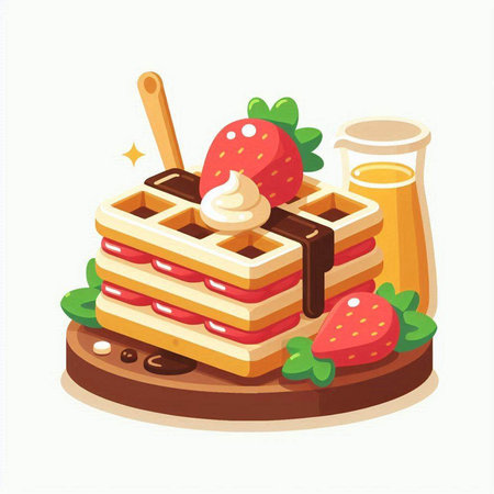 Belgian waffles with strawberries and whipped cream. Vector illustration.のイラスト素材