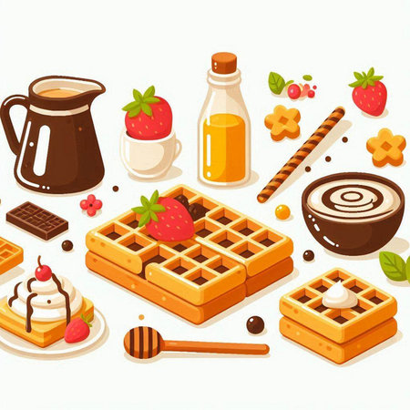 Illustration of a set of waffles and desserts on a white backgroundのイラスト素材