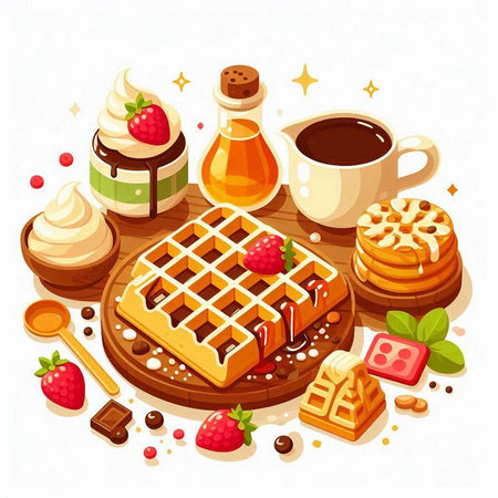 Belgian waffles with whipped cream, raspberries, chocolate candies, cup of coffee and cookies. Vector illustrationのイラスト素材