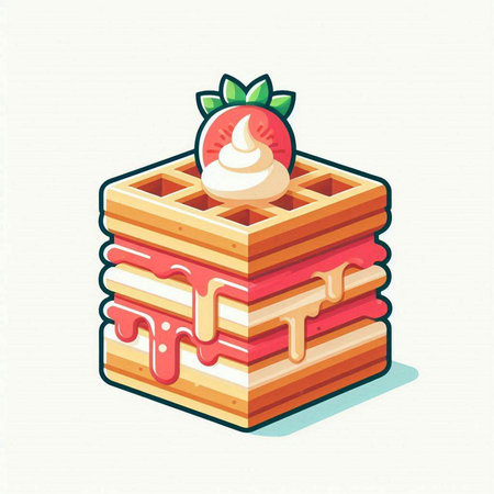 Waffles with strawberry and cream. Vector illustration in flat style.のイラスト素材