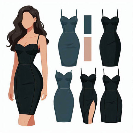 Vector illustration of a beautiful woman in a black evening dress and evening dress.のイラスト素材