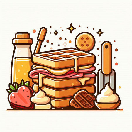 Belgian waffles with fruits, ice cream and honey. Vector illustration.のイラスト素材