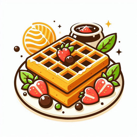 Belgian waffles with chocolate, strawberries and whipped cream. Vector illustration.のイラスト素材