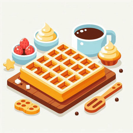 Belgian waffles with whipped cream and strawberries. Vector illustration.のイラスト素材