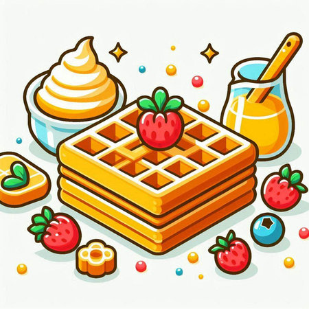 Illustration of a waffle with ice cream and strawberries on a white backgroundのイラスト素材