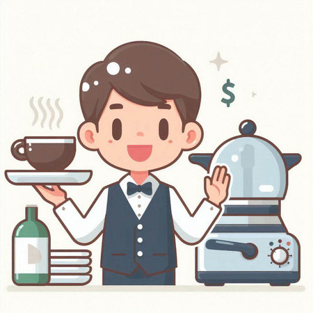 Illustration of a waiter serving coffee in a coffee machine, vector illustrationのイラスト素材