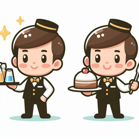 waiter and waitress with a tray and a cake cartoon vector illustrationのイラスト素材