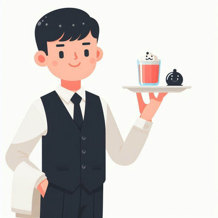 Illustration of a waiter holding a tray of coffee and a cakeのイラスト素材