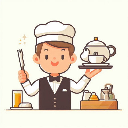 Illustration of a male chef holding a tray with a cup of coffeeのイラスト素材