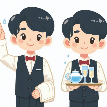 Waiter and waiter holding tray with cups of coffee, vector illustrationのイラスト素材