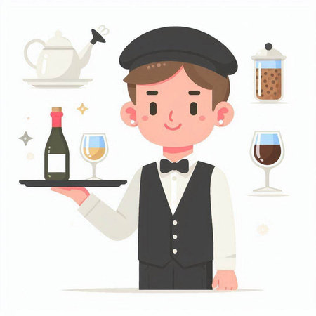 Illustration of a waiter serving wine on a tray, vector illustrationのイラスト素材