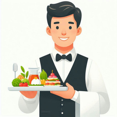 Vector illustration of a waiter holding a tray with a piece of cakeのイラスト素材