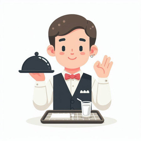 Young waiter with a tray and a tray of food. Vector illustration.のイラスト素材