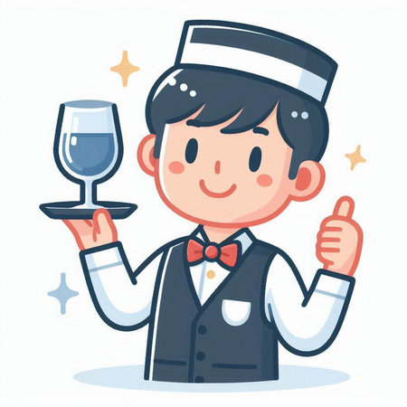 Illustration of a waiter holding a glass of wine and showing thumbs upのイラスト素材