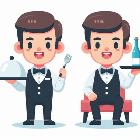 Waiter holding a tray and serving a bottle of wine. Vector illustrationのイラスト素材