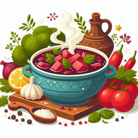 Vector illustration of a bowl of borscht with vegetables and spicesのイラスト素材