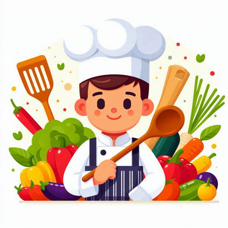 Cute little chef boy with ladle and vegetables. Vector illustrationのイラスト素材