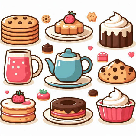 Cartoon icons with different cakes and coffee cups. Vector illustration.のイラスト素材