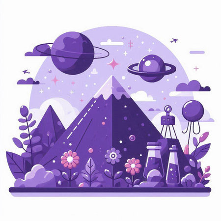 Vector illustration of fantasy landscape with mountains, planets, stars and flowers.のイラスト素材