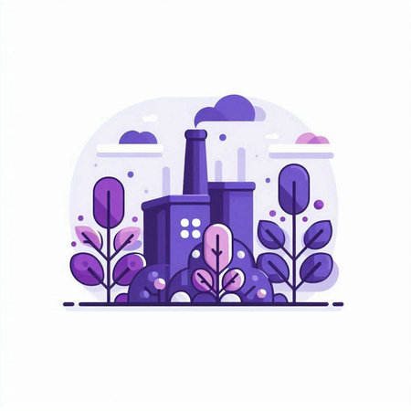 Factory with plants and trees. Vector illustration in flat cartoon style.のイラスト素材