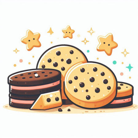Illustration of chocolate chip cookies and cookies with stars on white backgroundのイラスト素材