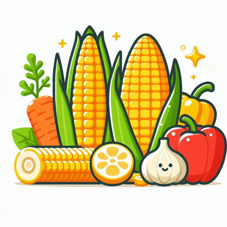 Illustration of Cute Corn and Vegetables on a White Backgroundのイラスト素材