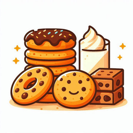 Illustration of a stack of cookies and a cup of coffee on a white backgroundのイラスト素材