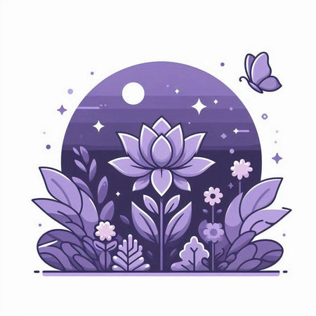 Vector illustration with purple flowers and butterflies on a purple background. Flat design.のイラスト素材