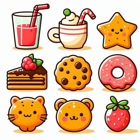Cute cartoon food icons. Vector illustration isolated on white background.のイラスト素材