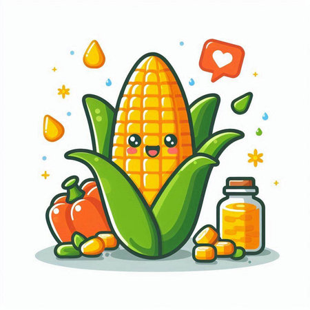 Cute corncob character with healthy food and vitamins. Vector illustration.のイラスト素材