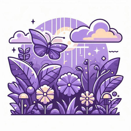 Vector illustration in flat style with flowers and butterflies on a purple background.のイラスト素材