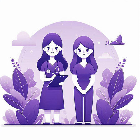 Two young women standing in the garden. Vector illustration in flat style.のイラスト素材