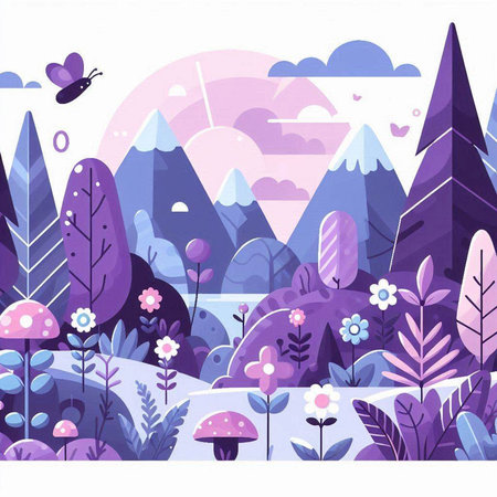 Forest landscape with trees, flowers and butterflies. Vector cartoon illustration.のイラスト素材
