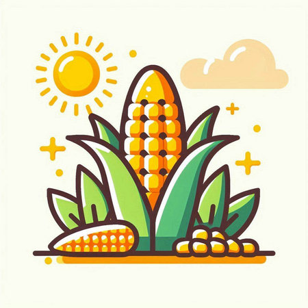 Vector illustration of corn on the cob with leaves and sun. Flat style design.のイラスト素材