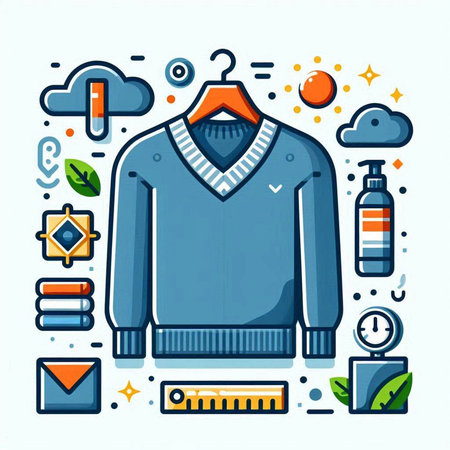 Vector line art style illustration of male sweater on white background with icons.のイラスト素材