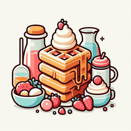 Hand drawn vector illustration of sweet breakfast with waffles, ice cream, strawberries, milk, chocolate and creamのイラスト素材