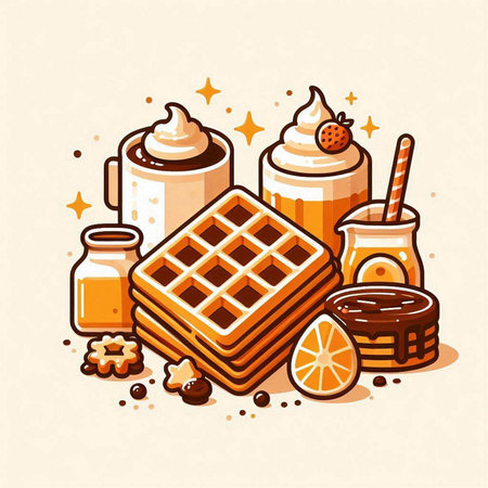 Vector illustration of a set of tasty sweet desserts, waffles, cookies, ice cream, meringues, orange juice, coffee.のイラスト素材