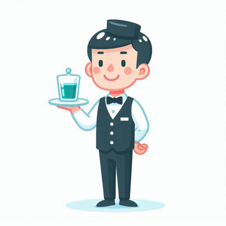Waiter holding a tray with a cup of coffee. Vector illustration.のイラスト素材