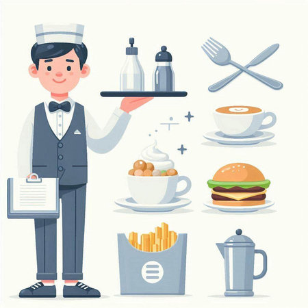 Vector illustration of a waiter holding a tray with food and fast food.のイラスト素材