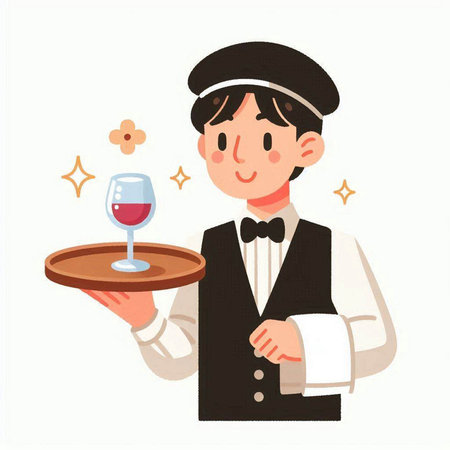 Illustration of a waiter serving a glass of wine on a trayのイラスト素材