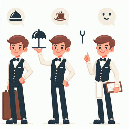 Waiter with different emotions. Vector illustration in flat cartoon style.のイラスト素材