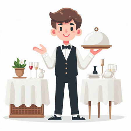 Waiter with a tray of food. Vector illustration in cartoon styleのイラスト素材