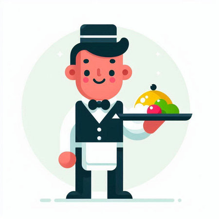 Waiter with a tray of food. Flat style vector illustration.のイラスト素材